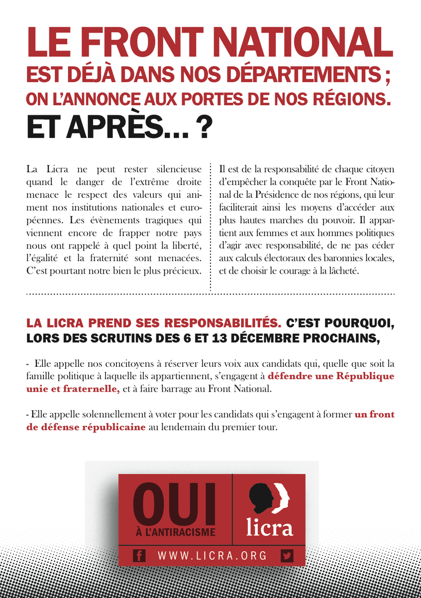 _LICRA_'s tweet photo. Faites barrage au FN en allant massivement voter dimanche 6 et 13 décembre. #PasDansMaRégion #Regionales2015 https://t.co/2hVt6dz0g6