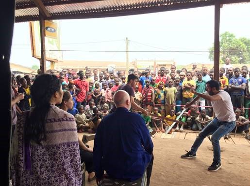 Today <a href="/WorldHamlet/">GlobetoGlobe Hamlet</a> performed for a mixed audience of displaced people from CAR &amp; Cameroon:  po.st/HamletInMandjou