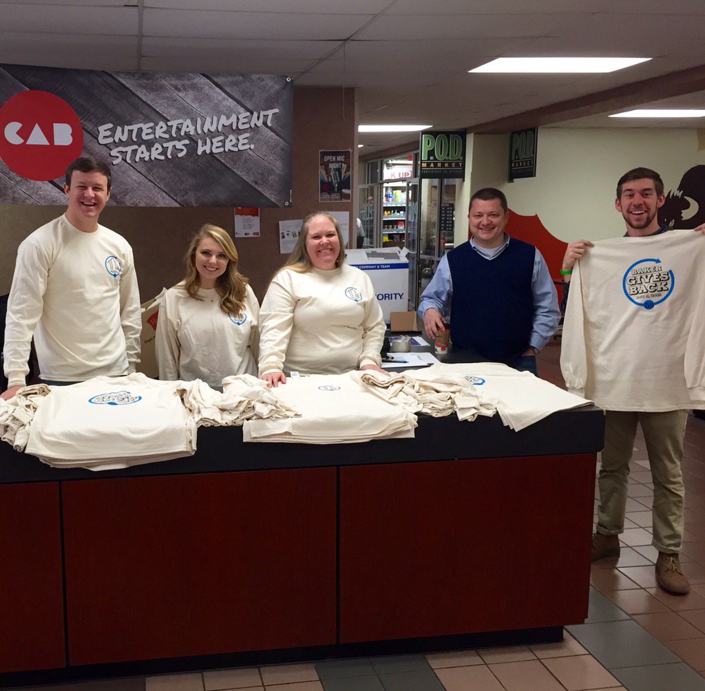 HUCommDept's tweet photo. Stop by the Stu to get a t-shirt and make a donation toward a good cause! #BeNeighborly #BakerGivesBack https://t.co/bWIY96qMKf