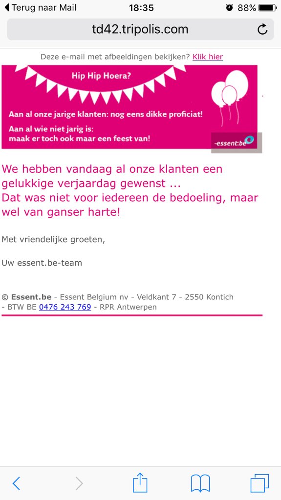 elsmaeke's tweet photo. Alle klanten van #essentbe verjaren... vandaag. Foutje maar toch leuke nieuwsbrief & rechtzetting #emailmarketing https://t.co/0cvdusNdF8