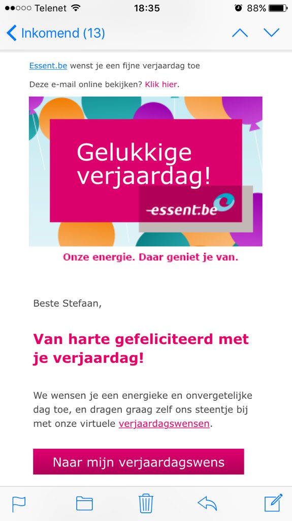 elsmaeke's tweet photo. Alle klanten van #essentbe verjaren... vandaag. Foutje maar toch leuke nieuwsbrief & rechtzetting #emailmarketing https://t.co/0cvdusNdF8