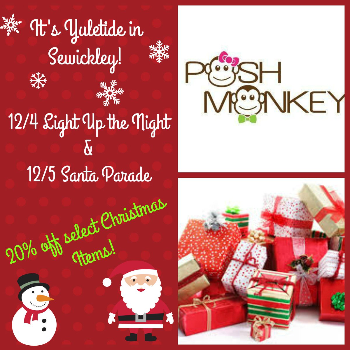 PoshMonkeytweet's tweet photo. Join us on December 4th and 5th-for 20% off select Christmas items! #yuletide #sewickley  https://t.co/FNYaKcm5EX https://t.co/4uQNMTuTUm