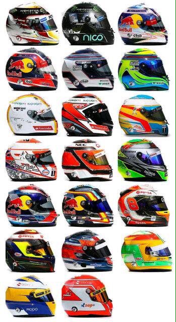 formulaoneclub's tweet photo. Los cascos de los pilotos de #F1 2015 #65yearsOfF1 https://t.co/Ufc14Aoip5