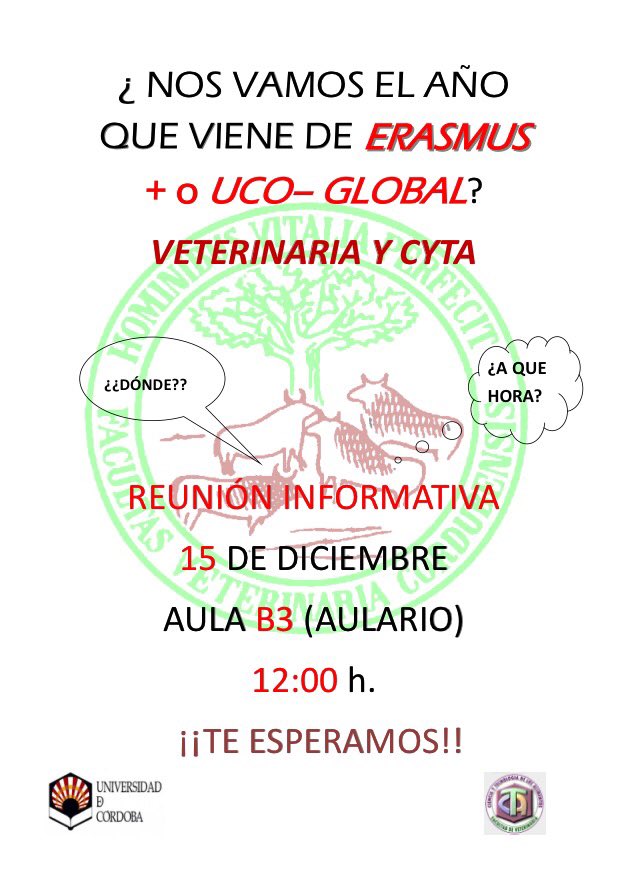 VeterinariaUCO's tweet photo. ¿Nos vamos de Erasmus + o Uco-global? TE ESPERAMOS @CEVCordoba @CEUCO https://t.co/ltRNIjhFiz