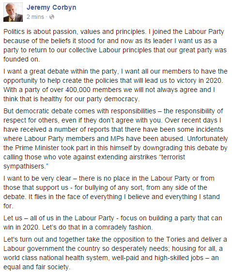 jeremycorbyn's tweet photo. I've received reports of abuse of Labour Party members &amp; MPs. This flies in the face of everything I believe https://t.co/VQdCEIs07t