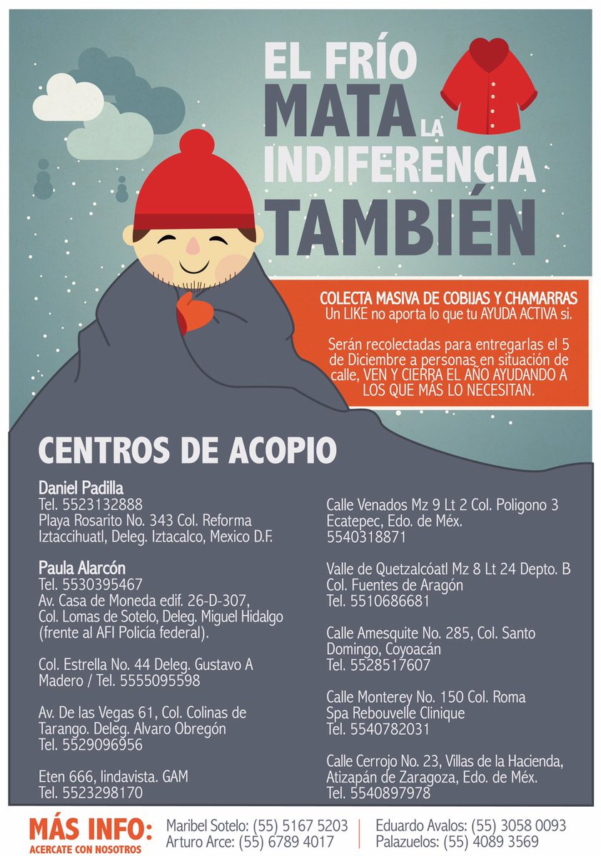 EL FRÍO MATA LA INDIFERENCIA también.
Recolecta de  cobijas, sweters, chamarras, sudaderas m.facebook.com/story.php?stor…