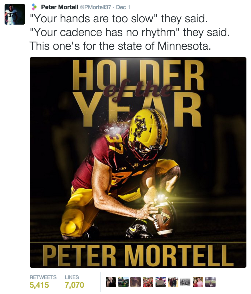 SportsCenter's tweet image. Congrats to Minnesota punter @PMortell37 for winning the (self-created) Holder of the Year award.

Laces out.