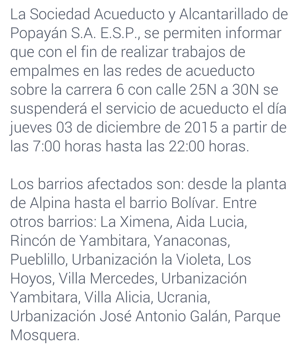 Mañana suspensión del servicio de agua potable a partir de las 7 a.m. hasta las 10 p.m.