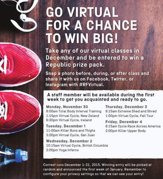Republic_Fit's tweet image. Take a virtual class &amp;amp; share your best photo using #RFVirtual! You'll be entered to win club swag + $100 club cash.