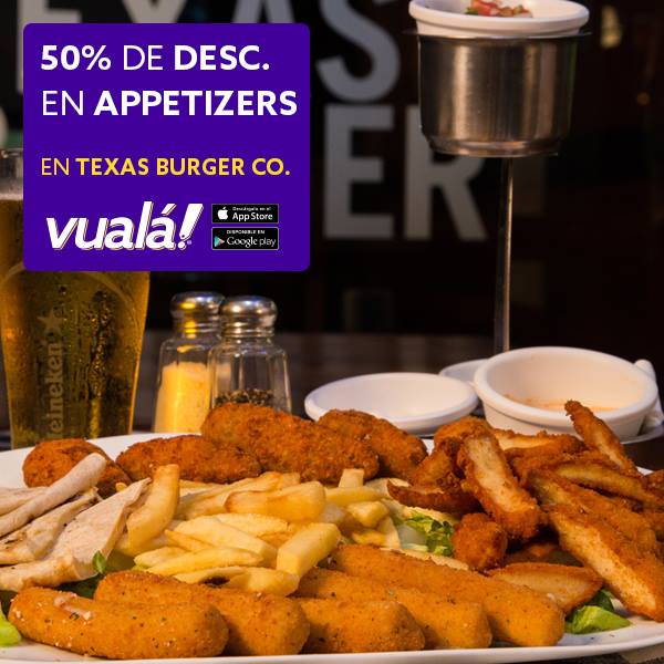 vualaapp's tweet photo. Aprovecha el 50% de descuento en @TEXASBURGERCO #PlayadelCarmen en todos sus appetizers. #SiEsPromoEsVualá! https://t.co/ZYWeBjsMZO