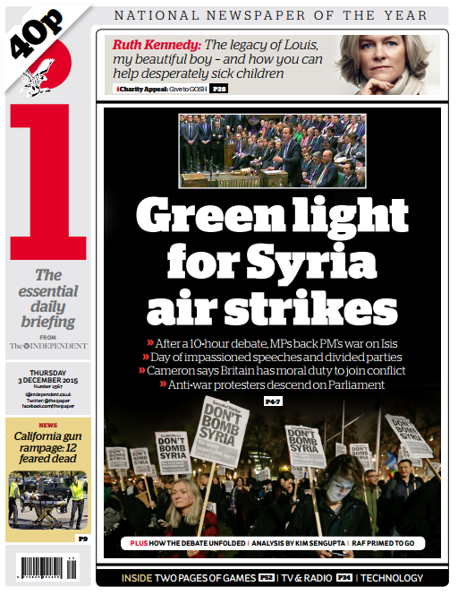 SkyNews's tweet photo. THE I FRONT PAGE: 'Green light for Syria air strikes' #skypapers https://t.co/7q2xXipwAV