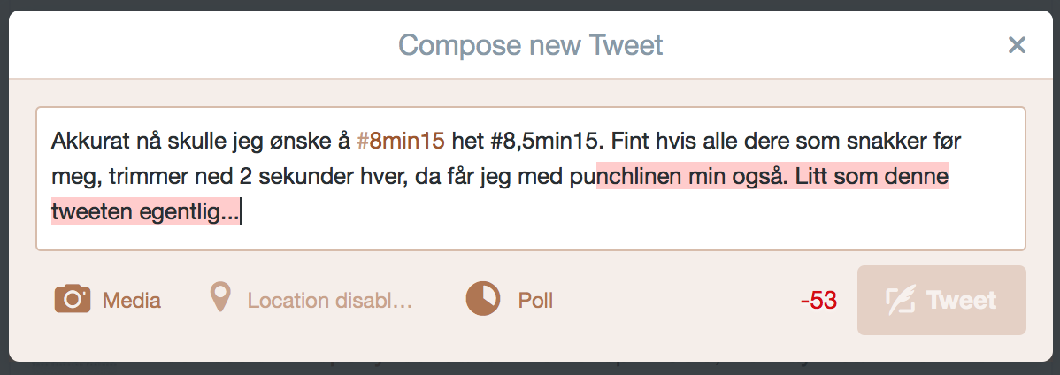#8min15 #fail allerede. Satser på #win i morgen. Og #trend. Gleder meg. <a href="/PaalTarjei/">Paal Tarjei Aasheim</a>, bommer du bort 30 sek?