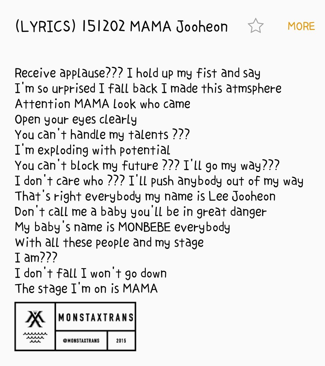 MXTRANS on Twitter: "(LYRICS) 151202 MAMA Jooheon (original korean