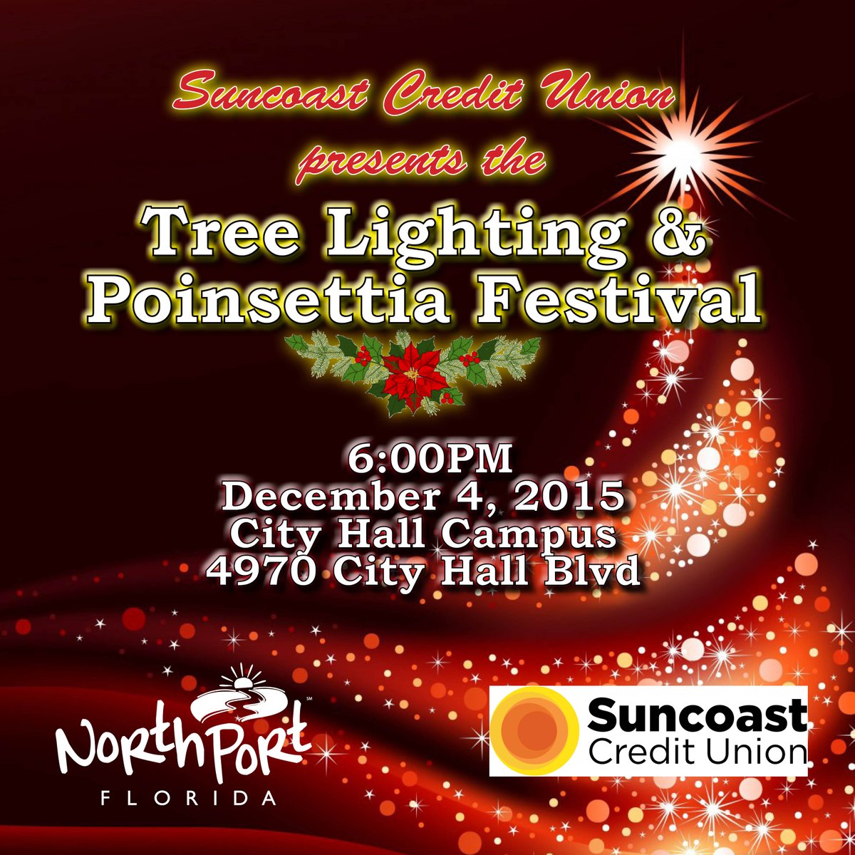 CityofNorthPort's tweet photo. Dec. 4 is the #treelighting and Poinsettia Festival presented by Suncoast Credit Union https://t.co/HtB2kSbdkH https://t.co/9v8G4W28xg