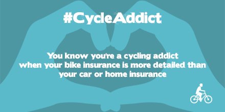 cyclelab_ZA's tweet photo. You know you're a cycling addict when your bike insurance is more than your car or home insurance #CycleAddict https://t.co/czz4Yhg1dJ