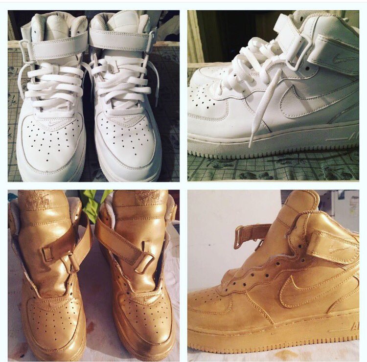 Ronnie3Stiff's tweet photo. MY FIRST CUSTOM WHAT YALL THINK YAYY OR NAYY I CALL THEM "GOLD MOMENT AIR FORCE 1s"👟🔥😩 https://t.co/8NKaJLMp2K