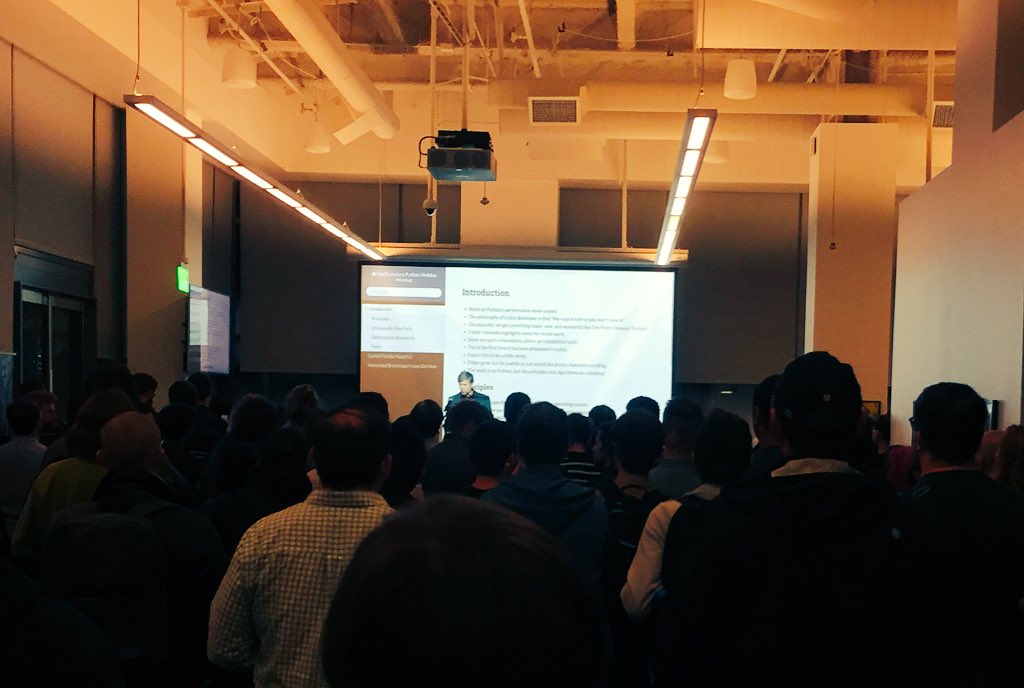 MSFTReactor's tweet photo. Thanks for a packed house @sfpythonmeetup @raymondh! "Don't go to Paris for dinner and Tokyo for bfast" #cachegrind https://t.co/eP7WRmQUmu