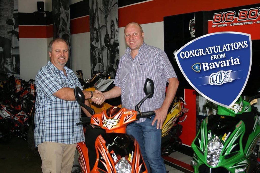 Bavaria_ZA's tweet photo. Congratulations to our Big Boy Scooter winners, Johan Weideman &amp; Tony Ntuli. Take one for the road with Bavaria 0.0% https://t.co/Z8ubdP4EIQ