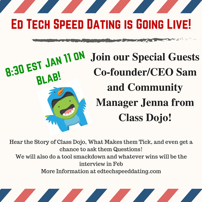 bigguyinabowtie's tweet photo. Ed Tech Speed Dating is Going Live on Jan 11 with @classdojo!  #edtech #edchat #education #edreform #k12 #satchat https://t.co/GnmoGBR3lR