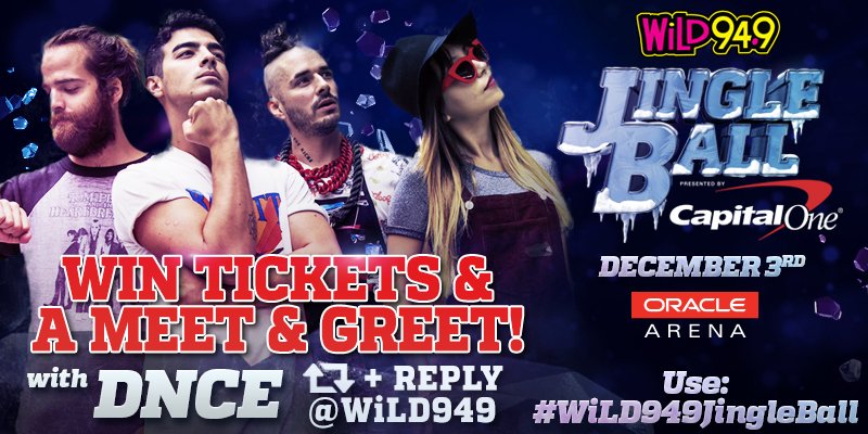 Wild949's tweet photo. NEXT UP! Meet @DNCE! Follow, RT &amp; Reply - Tell us why YOU should WIN! Don't forget to add #WiLD949JingleBall! https://t.co/IXHDMVySWv