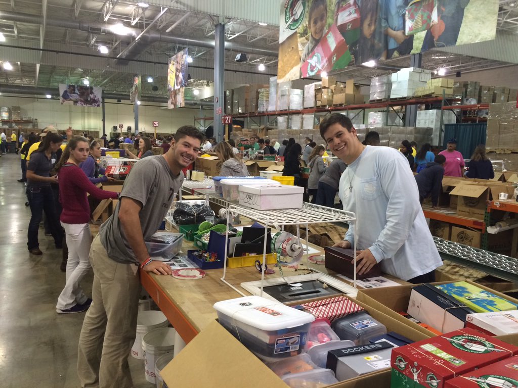 fcadavidson's tweet photo. Great night packing Christmas presents for Operation Christmas Child! Go Cats! @OCC_shoeboxes https://t.co/cVbpxGKJ5O