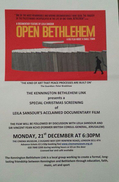 NorthLambParish's tweet image. Kennington Bethlehem Link Screening of 'Open Bethlehem' 
6.30pm Mon 21 Dec
Cinema Museum
£2.50 in advance
£3 on door