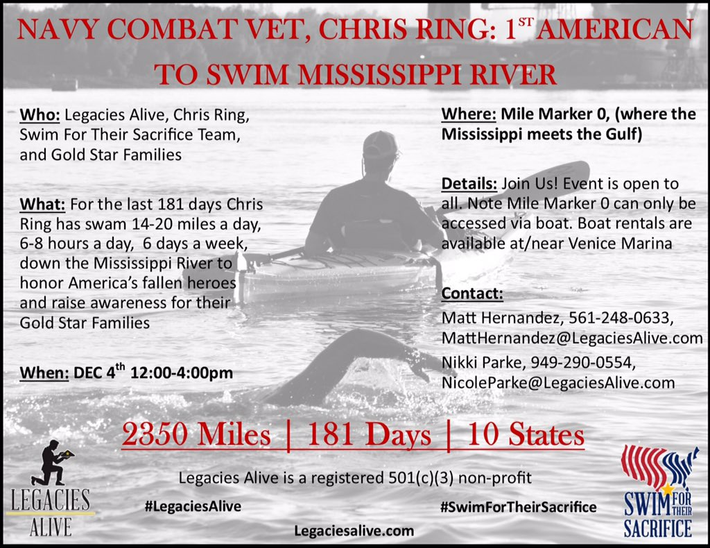 LegaciesAlive's tweet photo. We are down to just 13.5 miles until Chris becomes the 1st #American 2 swim the #Mississippi #2350miles #10USstates https://t.co/LWxElw5ugb