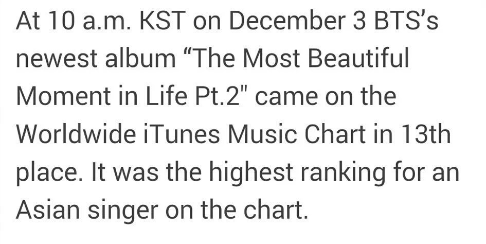 BTSARMY_INTL's tweet photo. [UPDATE] Congrats @BTS_twt ! Worldwide iTunes Music Chart 13th ranked 👏 https://t.co/gcIheh3Bn8