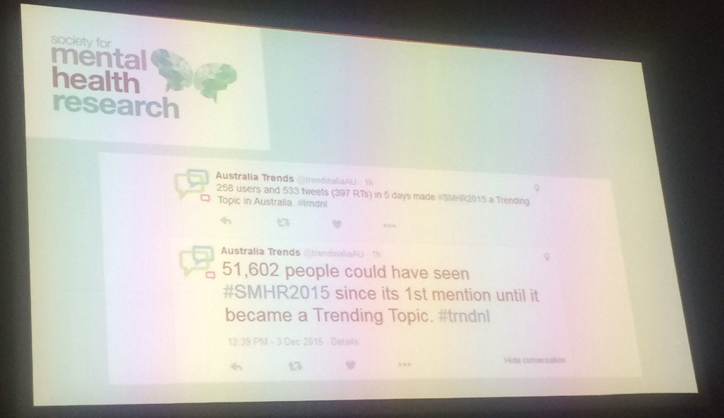 ProfFranKayLamb's tweet photo. #SMHR2015 trending in Australia!!!! Raising the profile of mental health research! @SMHR https://t.co/VPk6PmosXY