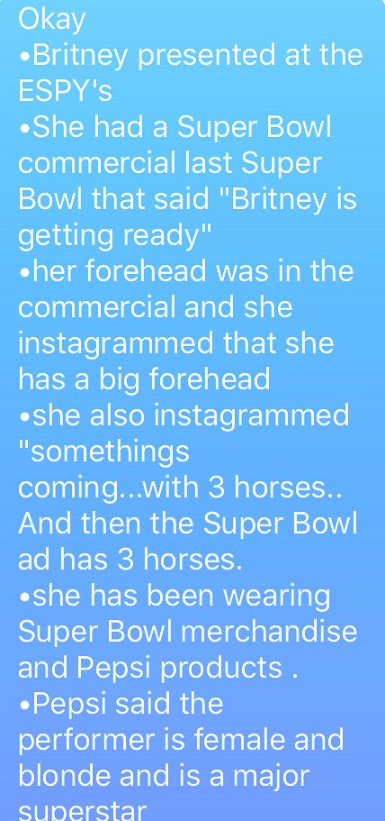 ChaseySpearz's tweet photo. It's announced tomorrow... #superbowl50 #britneyspears  #pleaseeeeeeeeeeeee https://t.co/e2SlWfkNUK