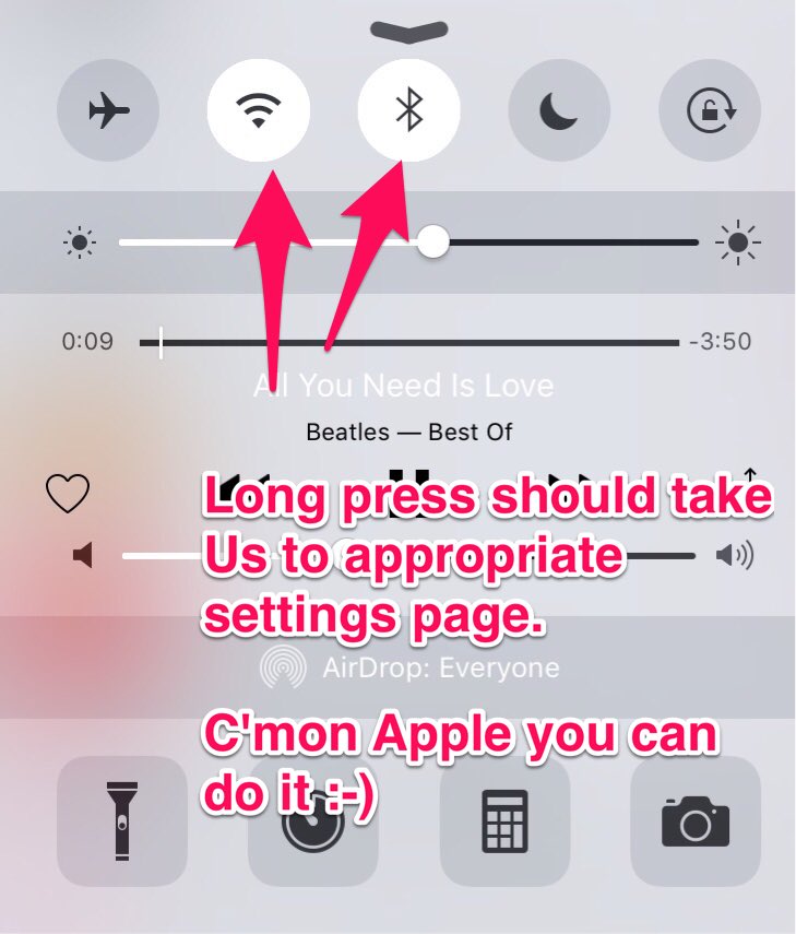 milanjk's tweet photo. Feature request for iOS....Long press on WiFi & Bluetooth icons should take us to appropriate settings page. https://t.co/93vDDx6YD6