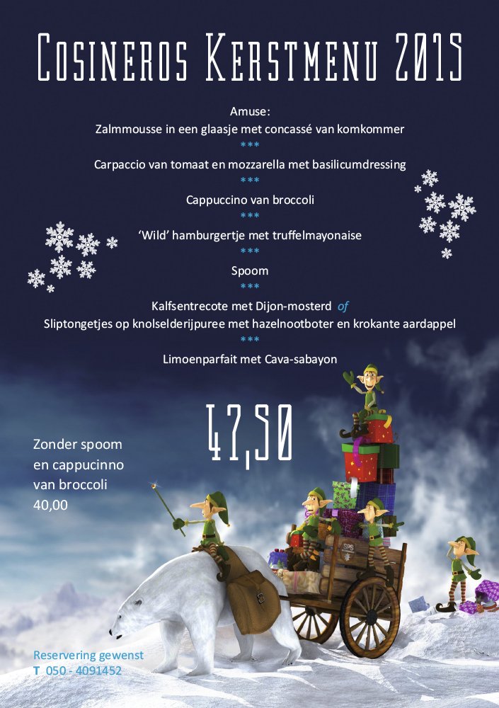 Ons maandmenu voor december en ons kerstmenu. Reserveren kan op 050-4091452