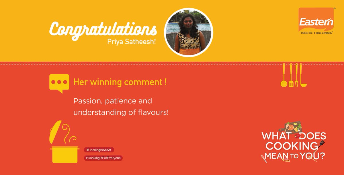 eastern_in's tweet photo. Congrats @priyasmenu !!
  #CookingIsAnArt #CookingIsForEveryone #contest #winner #winprizes https://t.co/NLe2AsO5qx