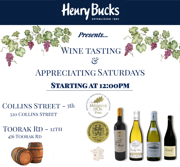 henrybucks's tweet photo. FREE Wine tasting by an expert this Saturday at our Flagship Collins Street store from 12:00pm onward! https://t.co/Z1HU95pcVa