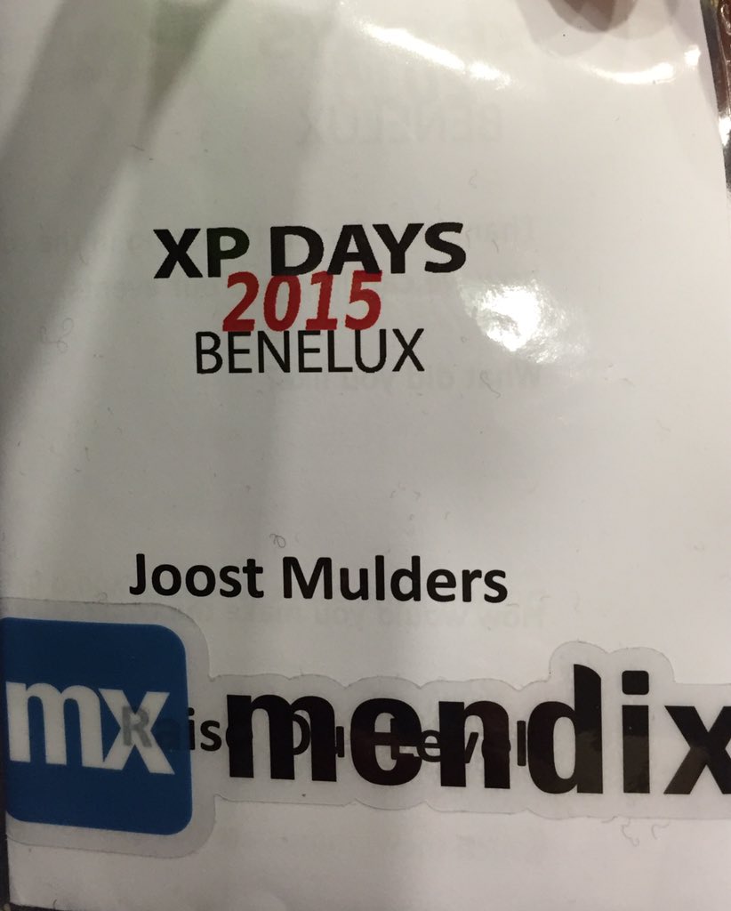 joostmulders's tweet photo. Wrong company name on the badge, fixed it! #xpdays2015 #mendix https://t.co/Wv91rD5xUZ