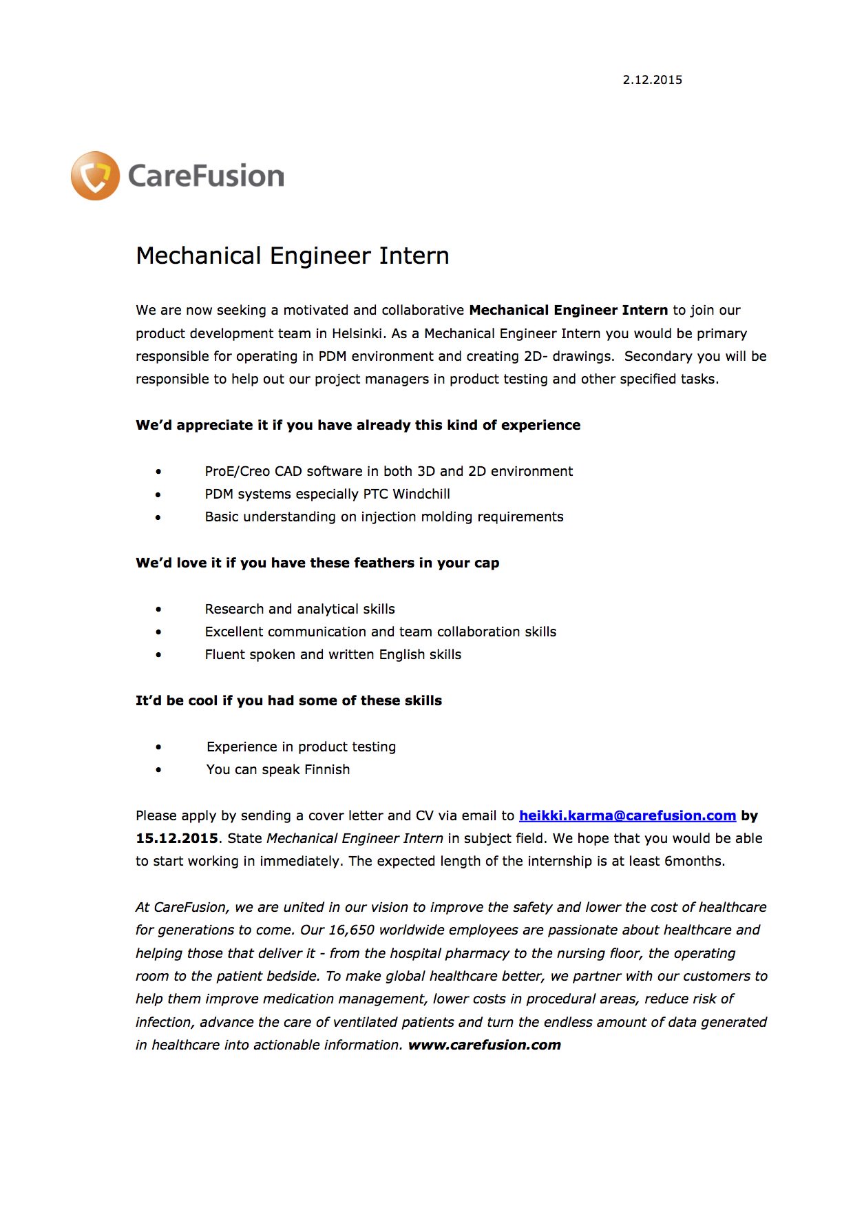 mechanical engineering internship cover letter