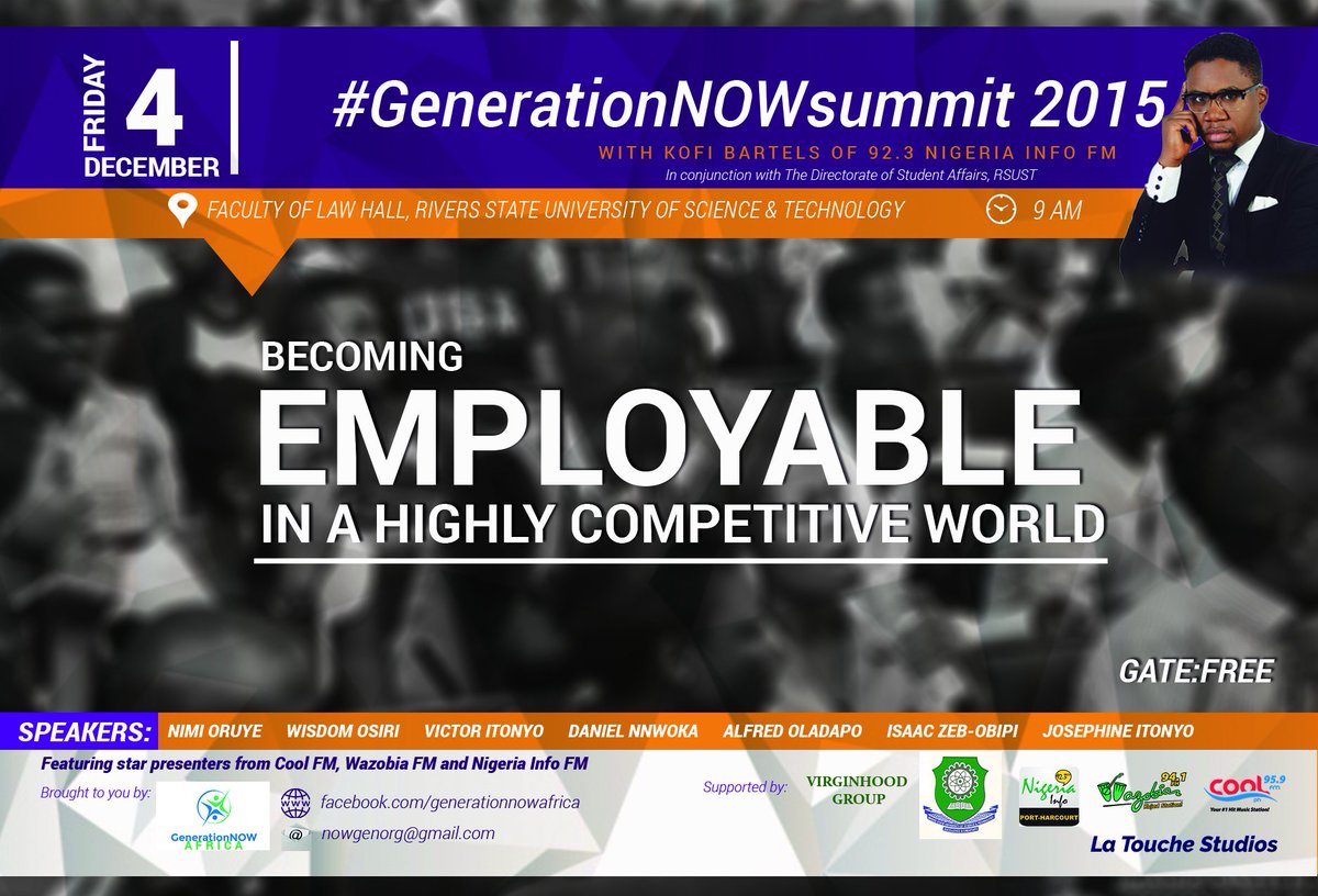 GenerationNOWng's tweet photo. ONE DAY TO GO!!! #GenerationNOWSummit 2015 is almost here. Be at the Faculty of Law hall, RSUST, 9am.Don't miss out! https://t.co/SI4ZZzg2bp