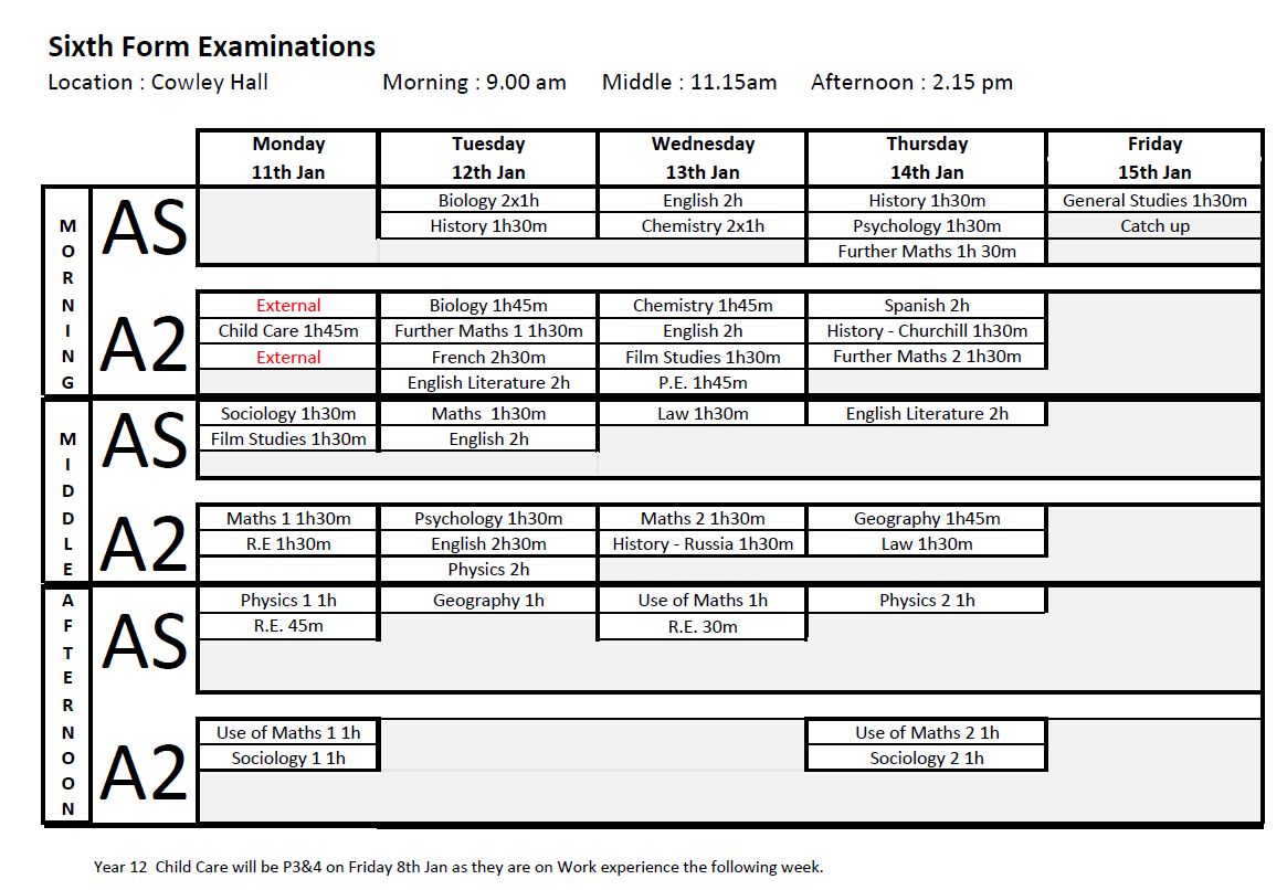CowleySixthForm's tweet photo. Exam timetable for Jan https://t.co/5rSqWl5YcP