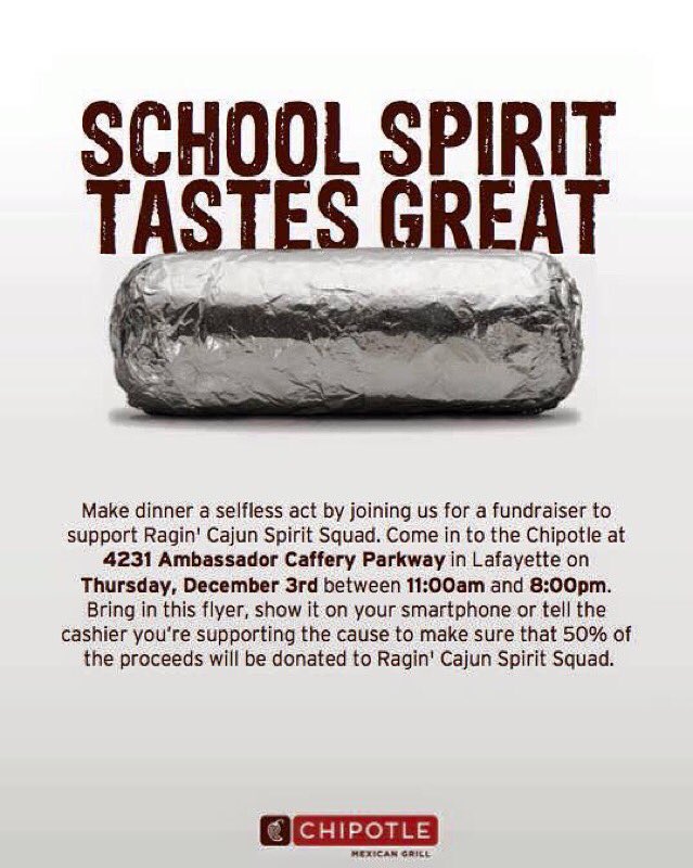 RaginCajunCheer's tweet photo. Today is the day! Come out to Chipotle to support your Ragin' Cajun spirt squads! @ULRaginJazz #EatChipotleToday https://t.co/H2FDqaczen