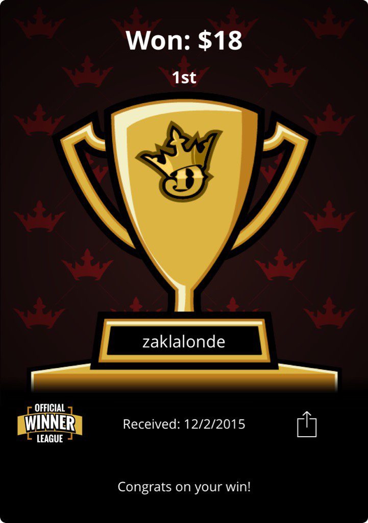 zaklalonde's tweet photo. #DraftKings another 1st place thanks to @FantasyAlarm @Jeff_Mans @Tedschuster #upgradetopro https://t.co/mq5SmmG51Q