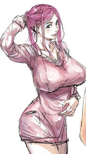 一度ピンク髪のキャラクターを描きたかったということでこんな感じの若妻を予定しています。 