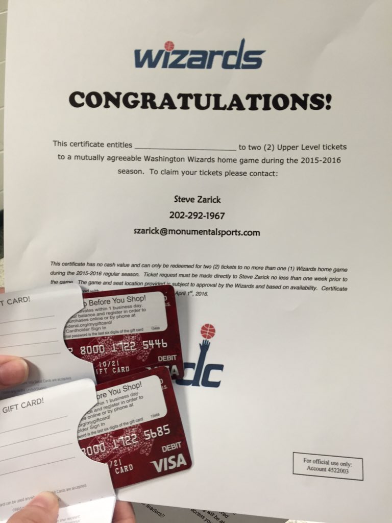 MHSPro7ect's tweet photo. Wizards tickets and two $20 gift cards!! https://t.co/cxlcAVtpXh