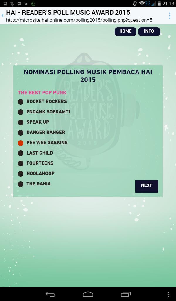 Malam dorks, yuk vote <a href="/PWGofficial/">Pee Wee Gaskins</a> di #PollingMusikHai2015 biar Jagoan kita jadi juara kategori The Best Pop Punk 😎