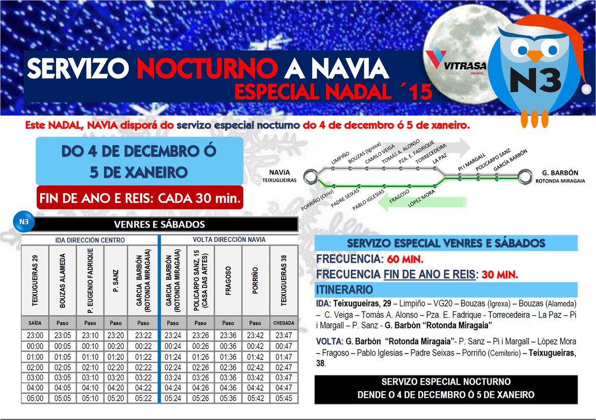 VitrasaVigo's tweet photo. Desde mañana viernes y hasta el 5 de enero, servicio nocturno especial a Navia los viernes y sábados https://t.co/faxcDsgScl