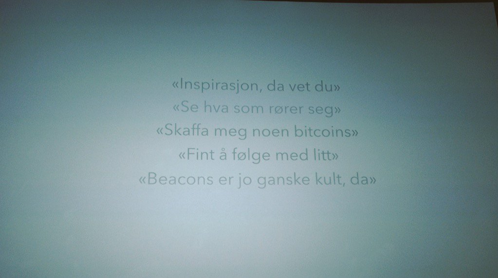 Synlighet's tweet photo. Dagens favorittslide har sitater fra alle bedrifters head of innovation. #beacons @janovekjondal  #8min15 https://t.co/nY7FgHlPXr