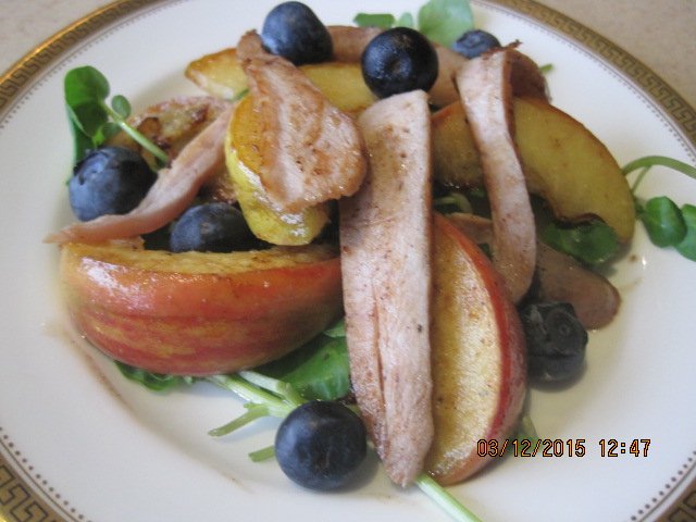 Smoked partridge with pan-fried apples &amp; blaeberries on a bed of watercress - lunch is looking promising!