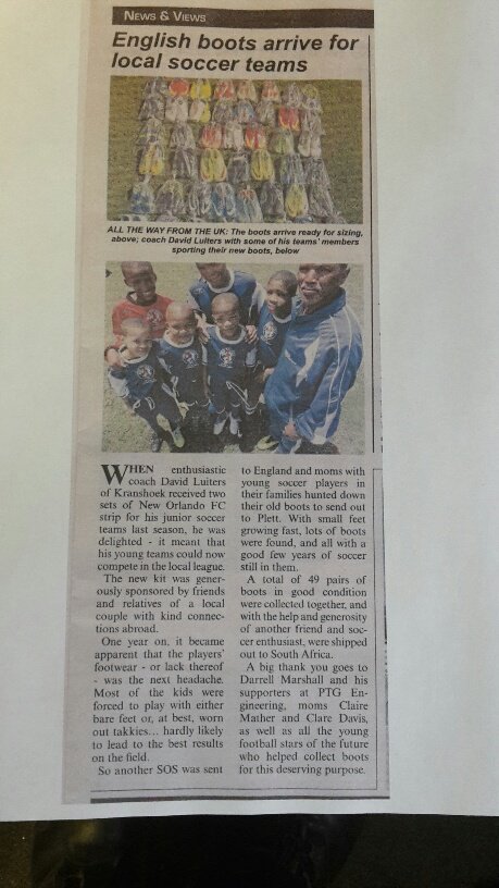 PTGPrecision's tweet image. An article from the paper thanking PTG for there contribution toward football boots used in South African community.