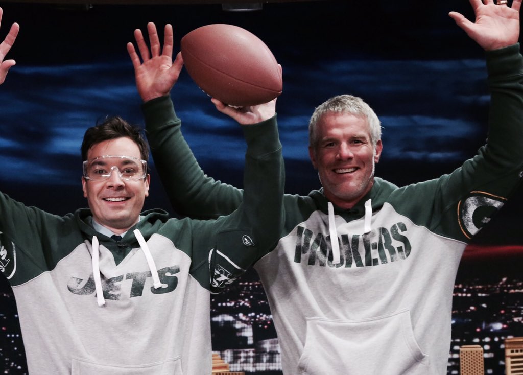 jimmyfallon's tweet photo. Congrats to #4 @Favre4Official on the jersey retirement and for breaking plates with me! https://t.co/QmSlM3xKRy