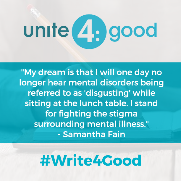 unite4good's tweet photo. #Write4Good scholarship winner Samantha Fain talks #mentalillness Read her article here >> https://t.co/drYpO1vsxK https://t.co/tjkX58KmpD