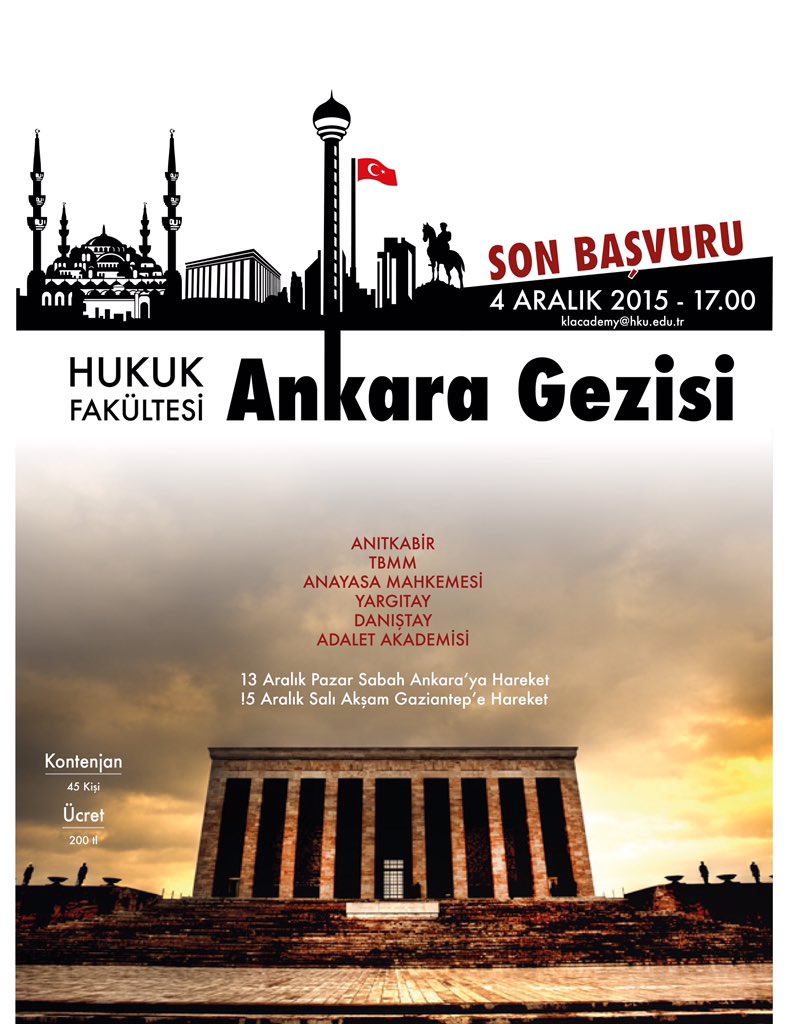 HKÜ Hukuk Fakültesi (@hkuhukukfakulte) on Twitter photo Ankara gezisi için son başvuru tarihi yarın saat 17.00, klacademy@hku.edu.tr Tüm sınıflar başvuruda bulunabilir! Ankara gezisi için son başvuru tarihi yarın saat 17.00, klacademy@hku.edu.tr Tüm sınıflar başvuruda bulunabilir!